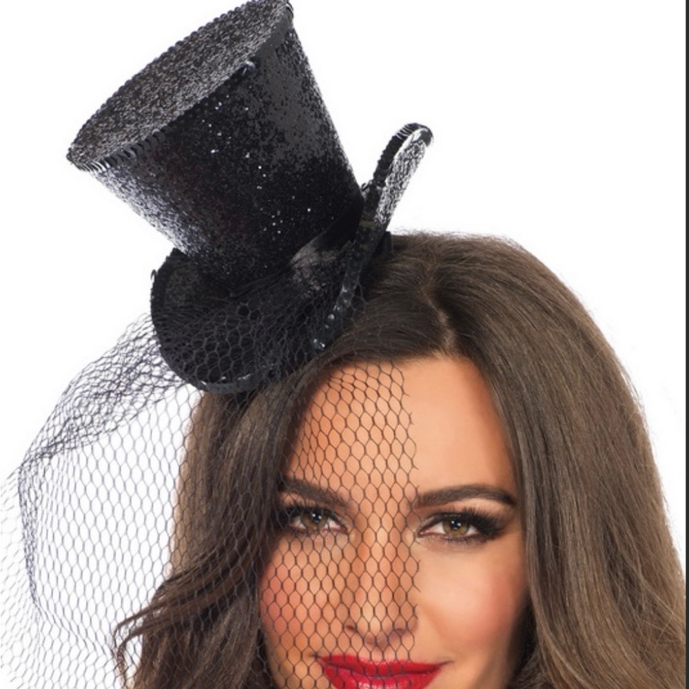 Legs Avenue mini black top hat with veil and strap.  NEW!